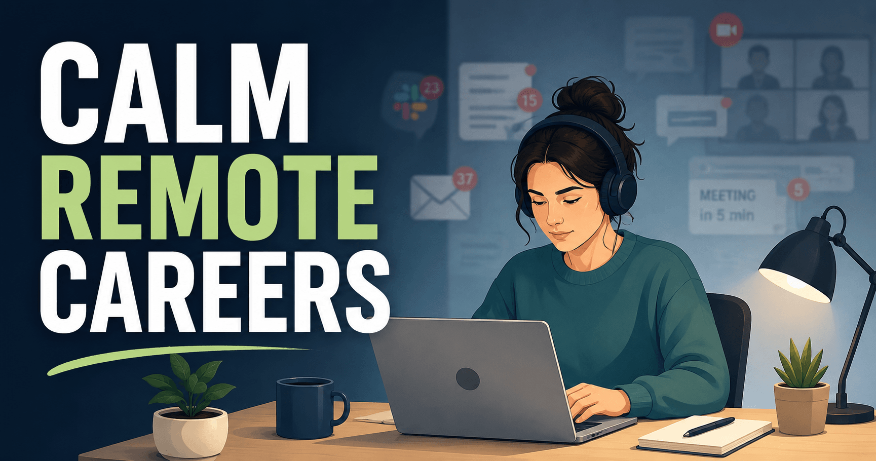 Illustration of a calm introvert working independently at a home office desk with headphones and a laptop, while blurred notifications and meeting alerts fade into the background, representing low-stress remote careers for introverts.