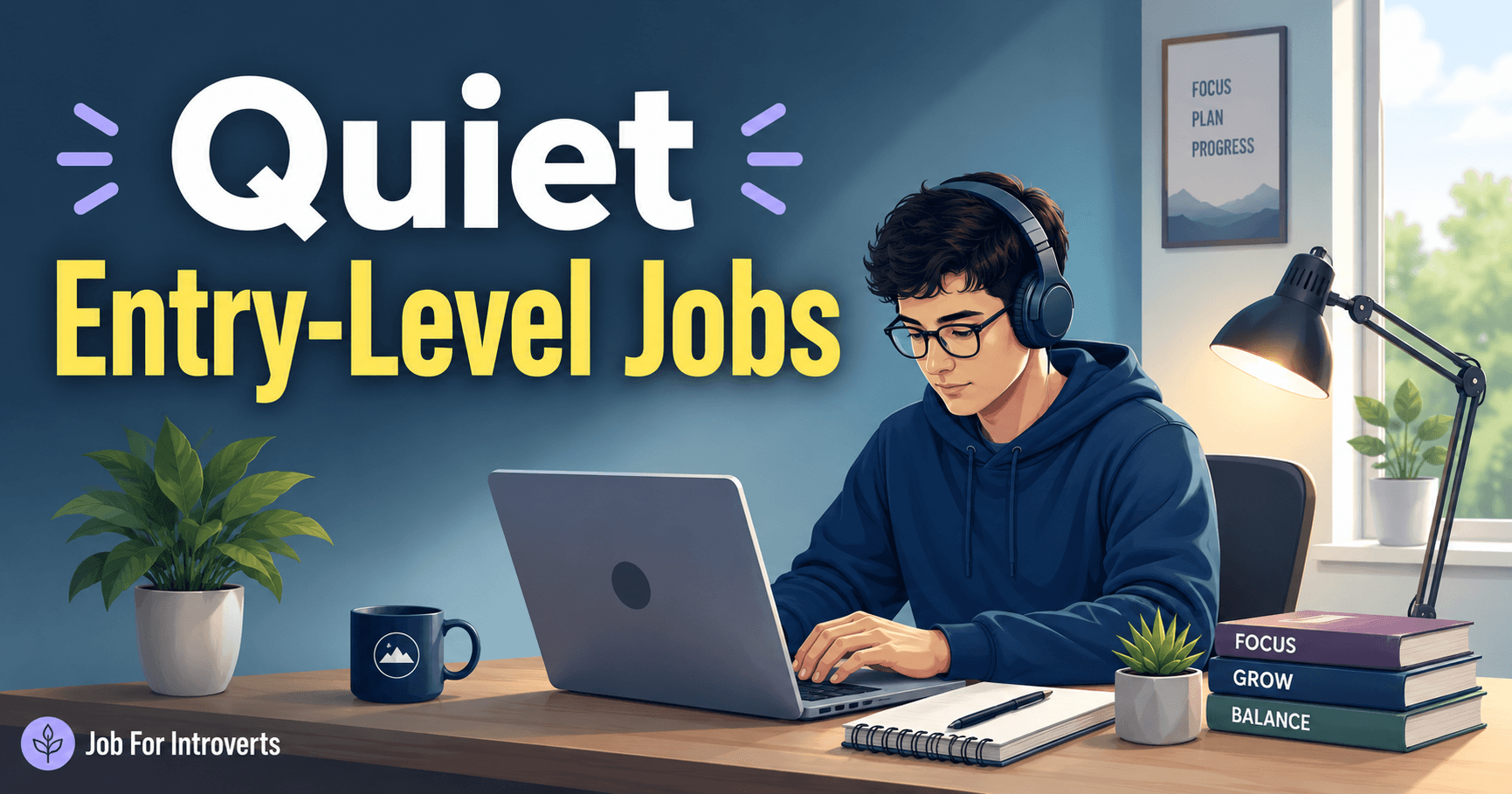 A calm modern illustration of an introvert working independently at a desk with headphones and a laptop in a quiet home office. Large bold text reads “Quiet Entry-Level Jobs.” The workspace includes soft lighting, plants, and minimal distractions, representing low-stress independent work for introverts.