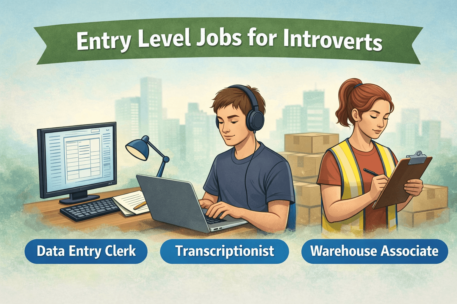 Illustration showing entry level jobs for introverts including a data entry clerk, transcriptionist, and warehouse associate working independently.