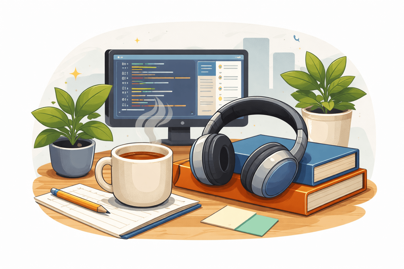 Quiet workspace with computer, headphones, coffee, and plants representing a calm introvert-friendly work environment