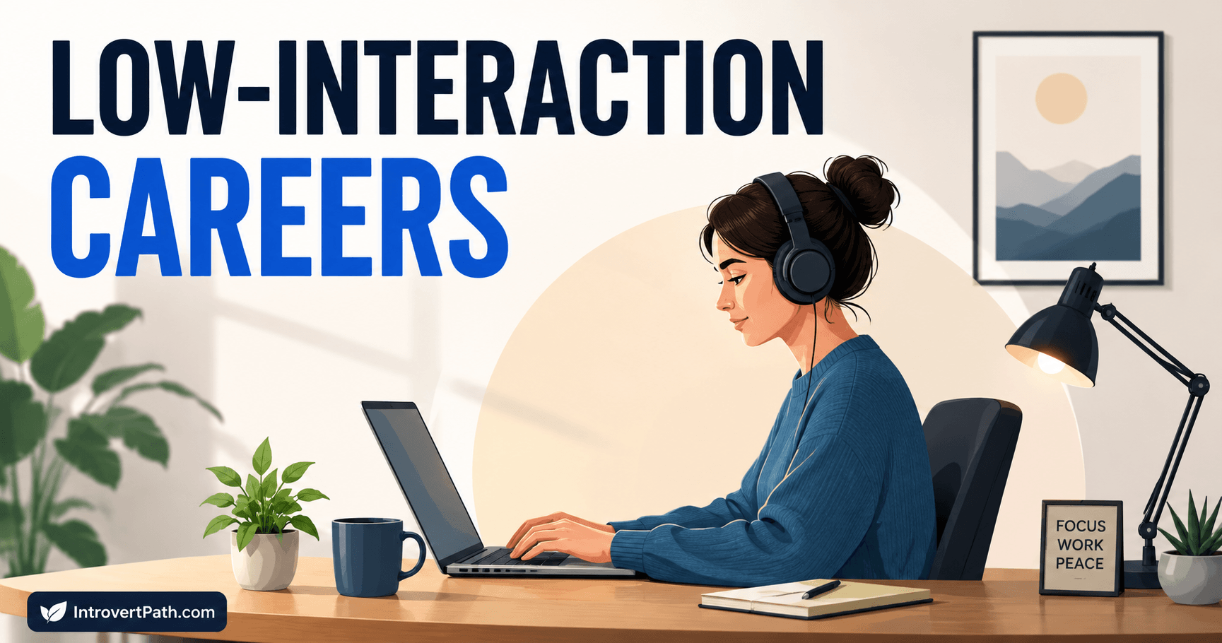 Illustration of a woman working independently at a calm home office desk with headphones and the headline “Low-Interaction Careers” representing jobs with minimal customer interaction.