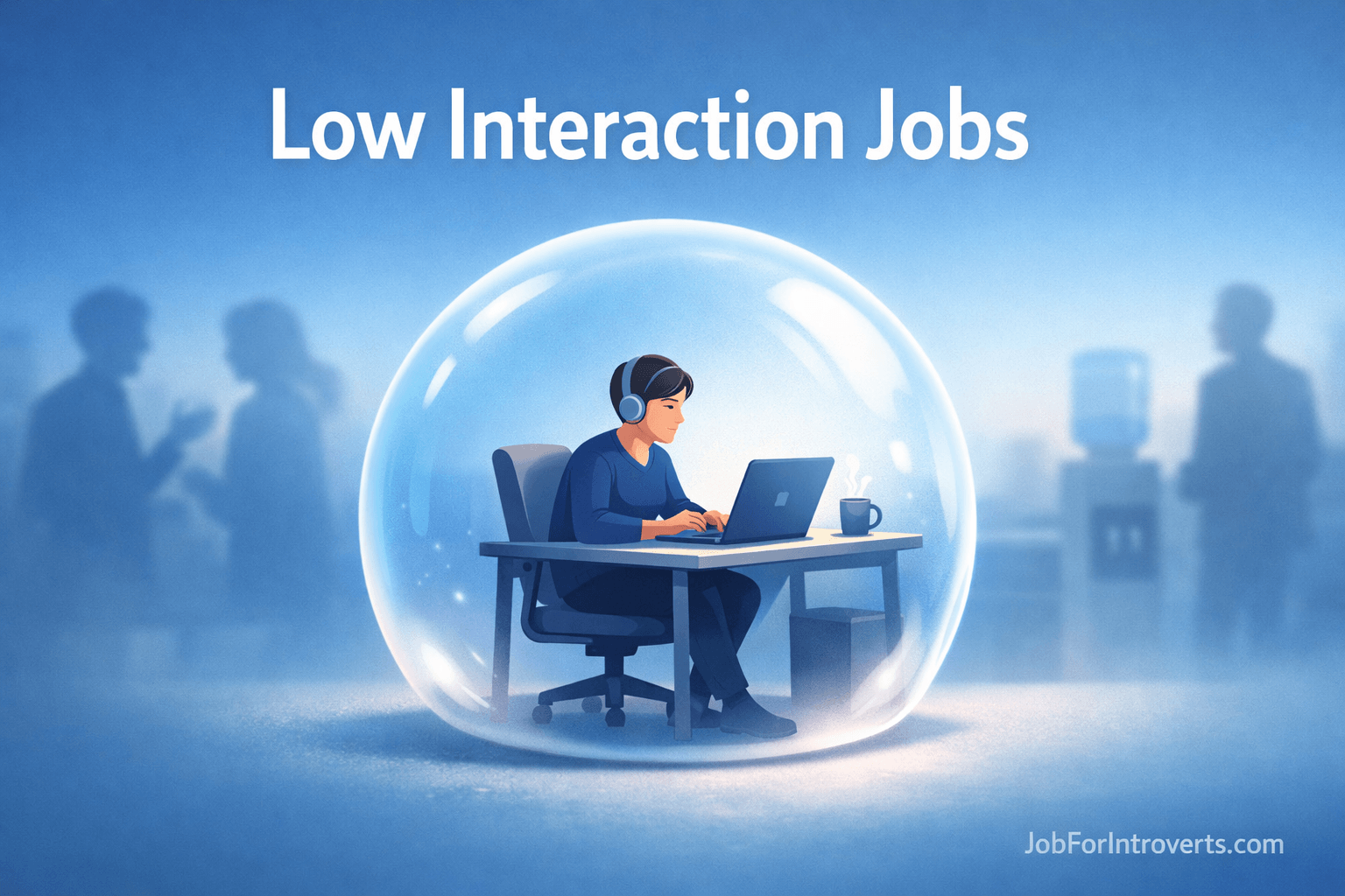Low interaction jobs for introverts shown as a focused person working quietly inside a bubble with minimal social interaction in the background