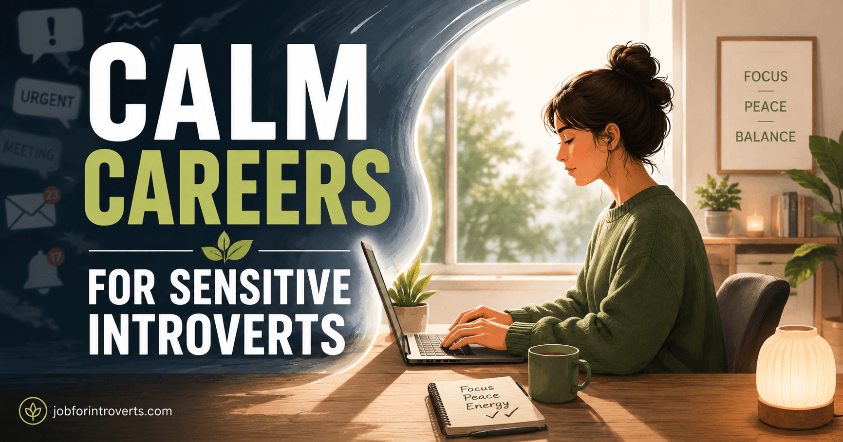Calm home workspace representing sustainable careers for sensitive introverts, featuring a woman working peacefully at a laptop while protected from overwhelming notifications and workplace chaos.