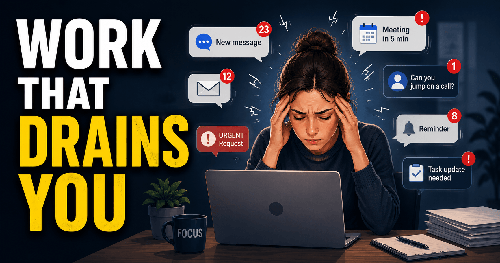 Overwhelmed introvert sitting at a laptop surrounded by nonstop notifications, meetings, messages, and urgent requests representing mentally draining work environments and constant interruptions.