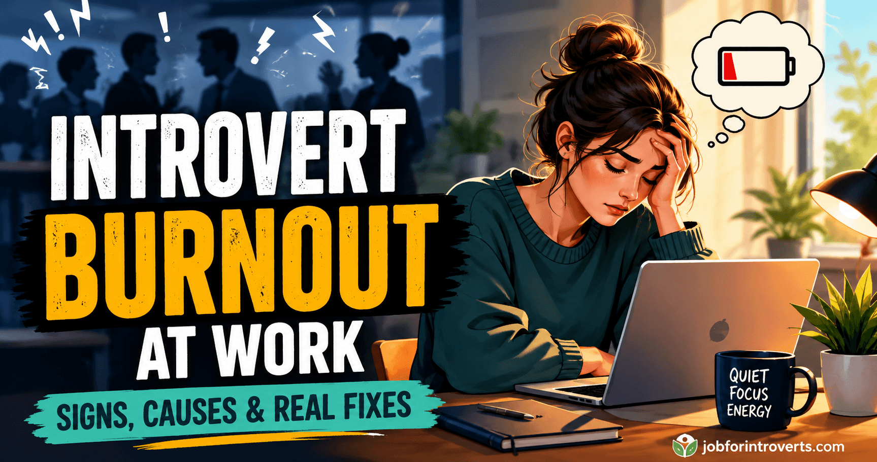 Overwhelmed office worker experiencing introvert burnout from constant meetings, notifications, and workplace overstimulation.