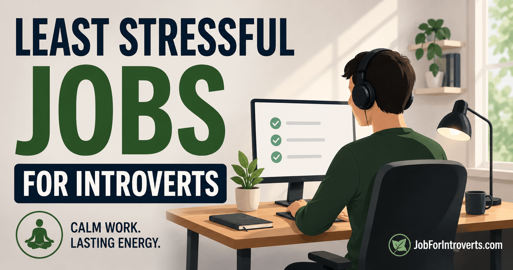 Illustration of an introvert working calmly at a desk with the headline ‘Least Stressful Jobs for Introverts,’ representing focused low-stress work environments.