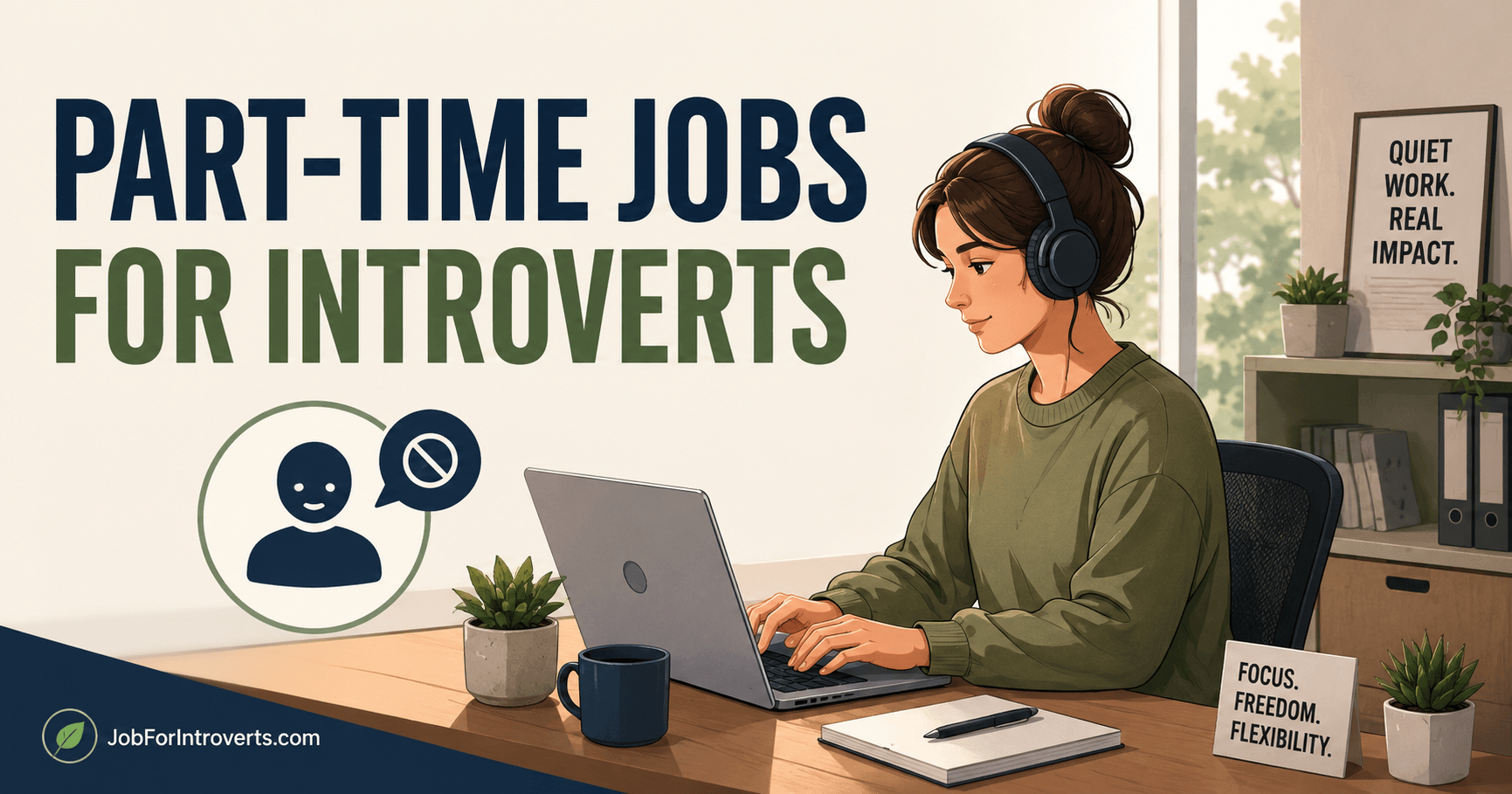 Illustration of a calm introvert working independently at a desk with headphones in a quiet workspace, representing part-time jobs for introverts and low-stress work environments.