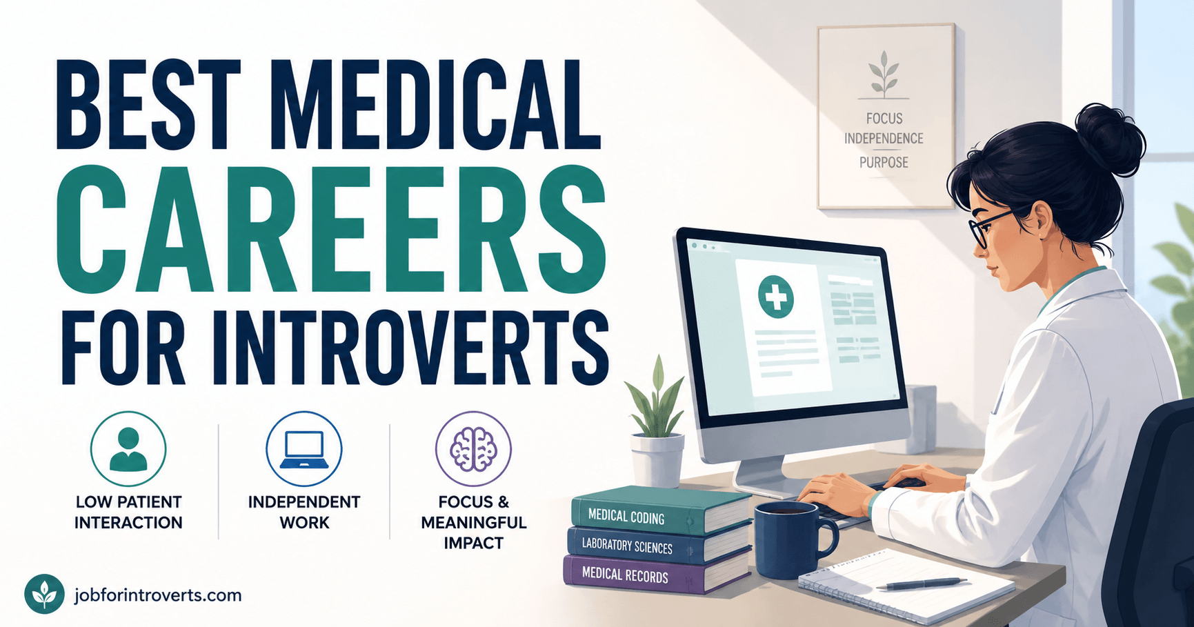 Featured image for best medical careers for introverts showing a healthcare professional working independently at a computer, representing low-patient-interaction medical careers and focused work environments.