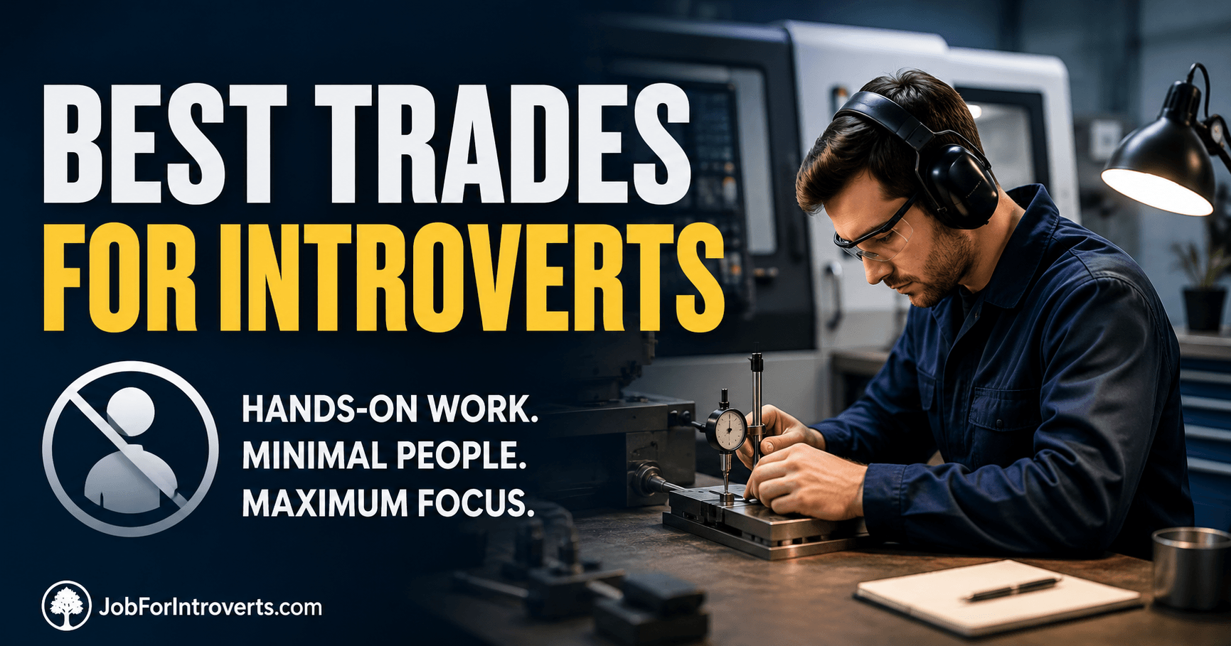 Focused tradesperson working independently in a machine shop, representing skilled trades that fit introverts who prefer hands-on work, concentration, and minimal social interaction.