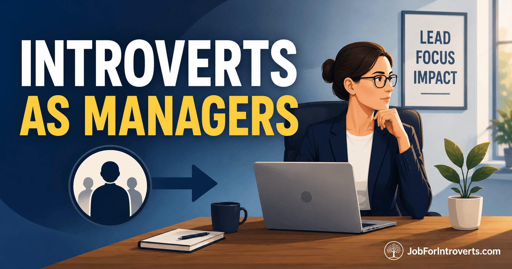 Illustration of an introverted manager working thoughtfully at a desk, representing leadership, focus, and management as a career path for introverts.