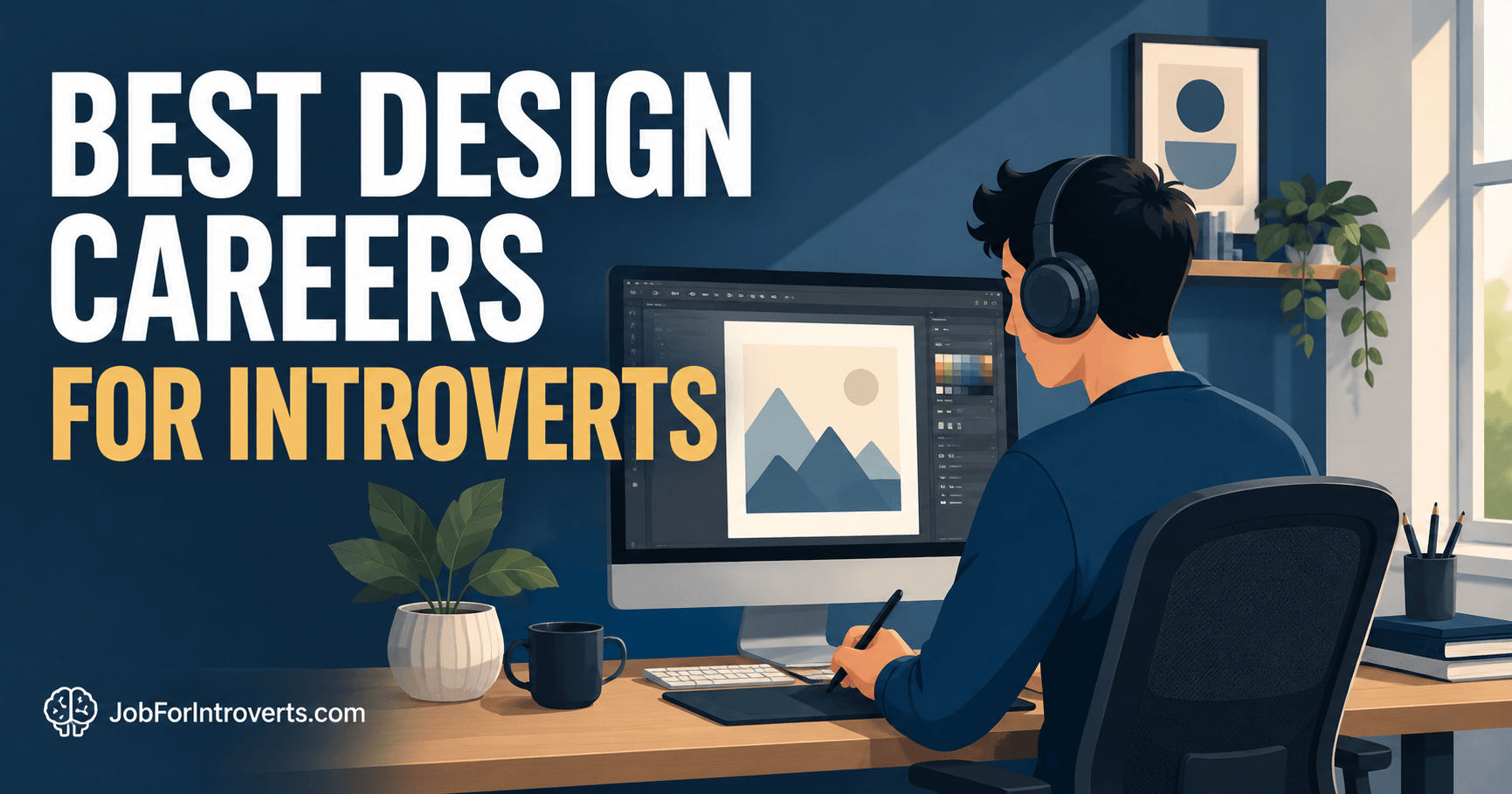 Illustration of a designer working independently at a computer, representing the best design careers for introverts with a focus on creativity, deep work, and minimal distractions.