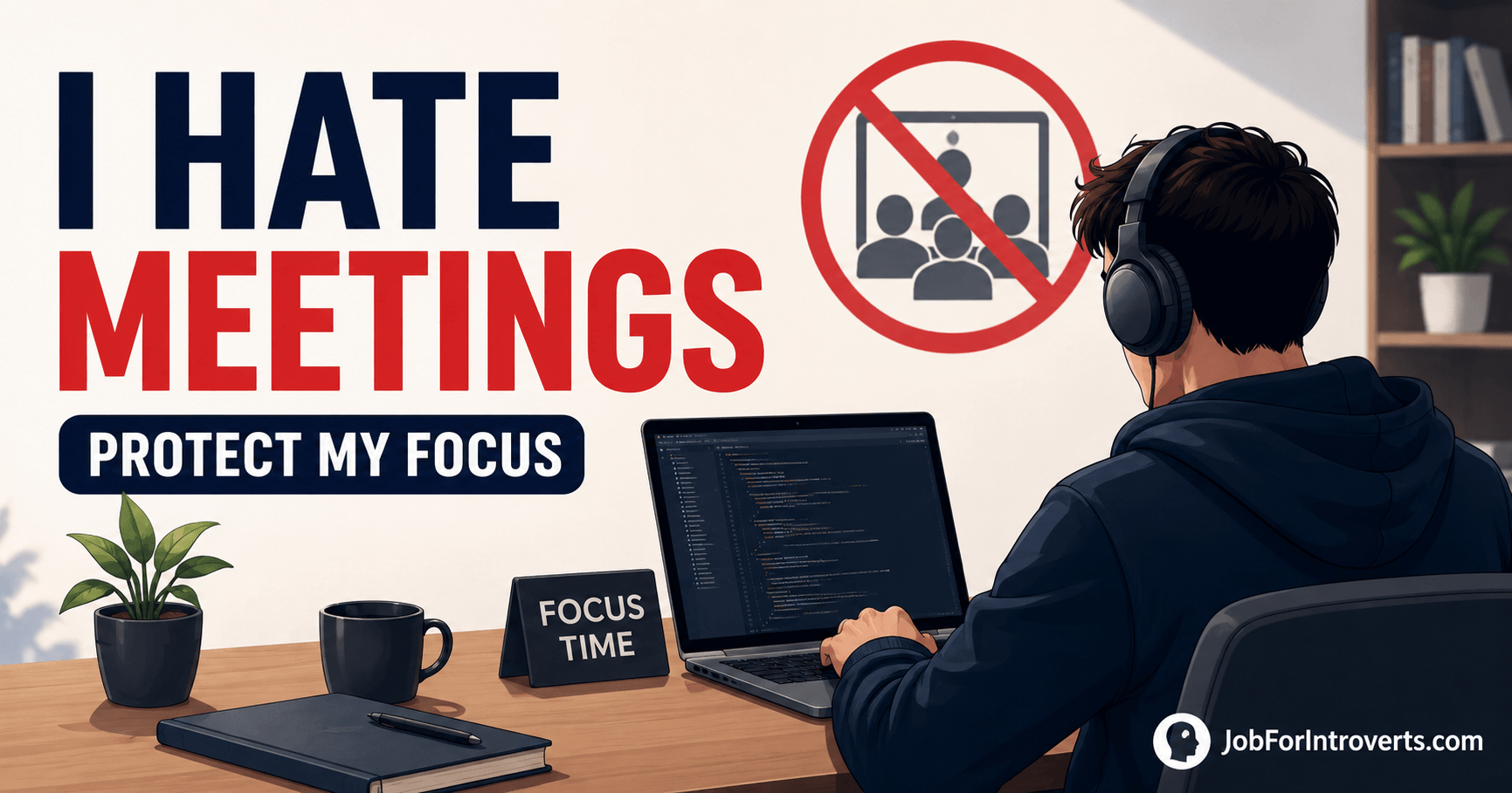Featured image showing an introverted remote worker wearing headphones and focusing at a desk while avoiding meetings and interruptions.