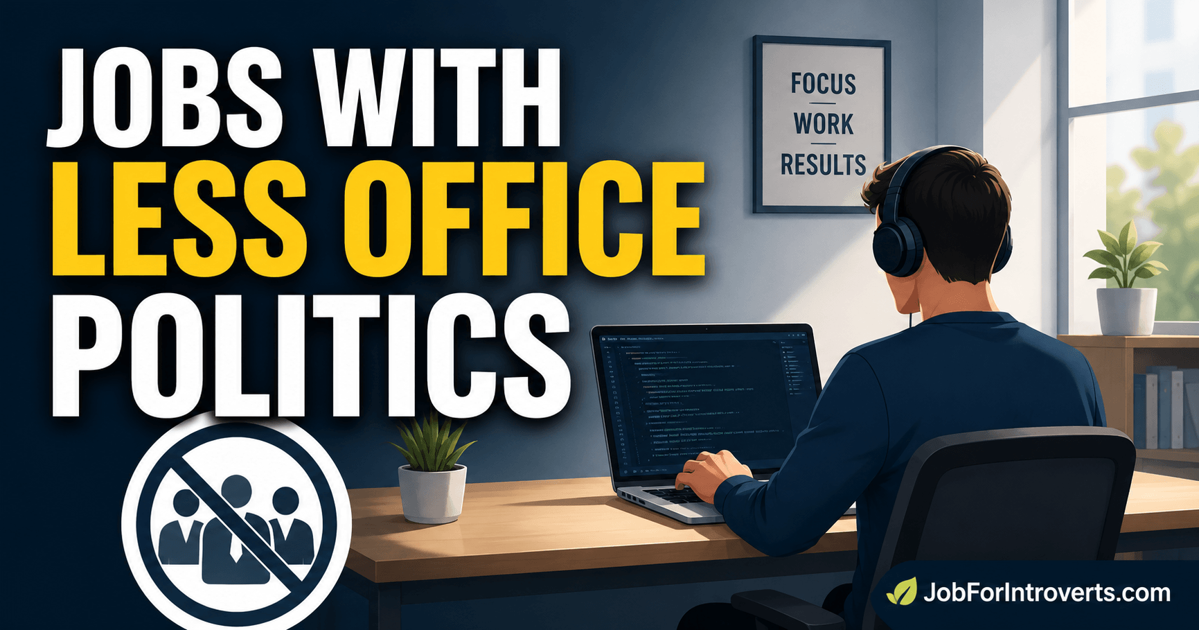 Illustration representing jobs without office politics, showing a professional focused on independent work while workplace drama and office politics remain outside their workspace.