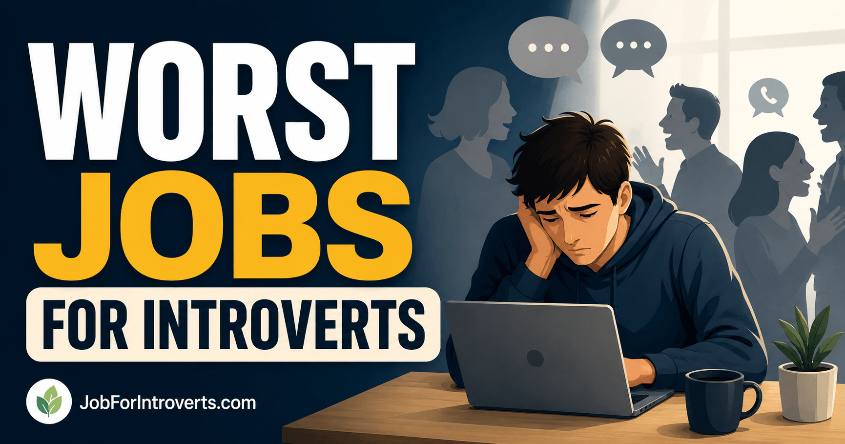 Featured image for Worst Jobs for Introverts showing an overwhelmed worker surrounded by constant workplace demands, representing social exhaustion and burnout caused by high-interaction careers.