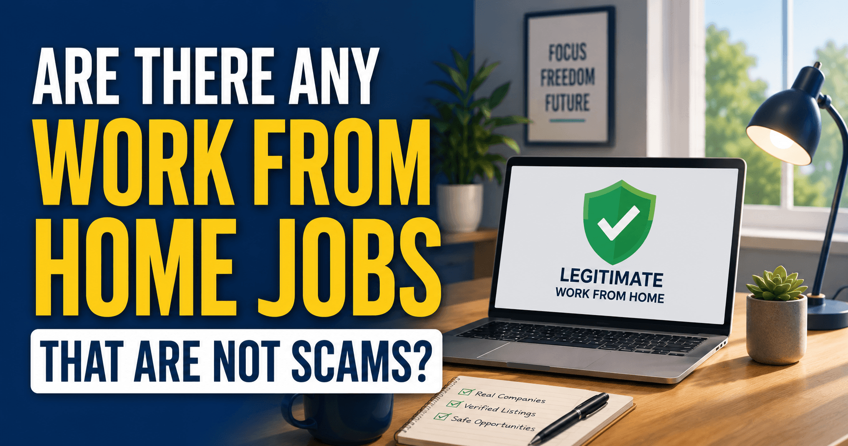 Illustration of a person working from home with a verified job listing, representing legitimate work-from-home jobs that are not scams.