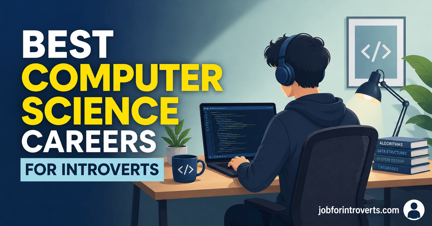 Illustration of an introvert programming at a computer in a quiet workspace representing the best computer science careers for introverts.