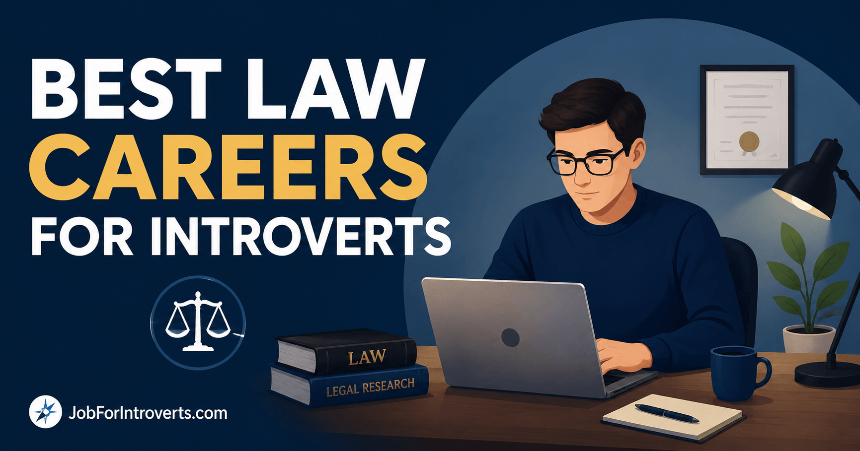 Illustration of an introvert working independently at a desk with legal books and a laptop, representing the best law careers for introverts.