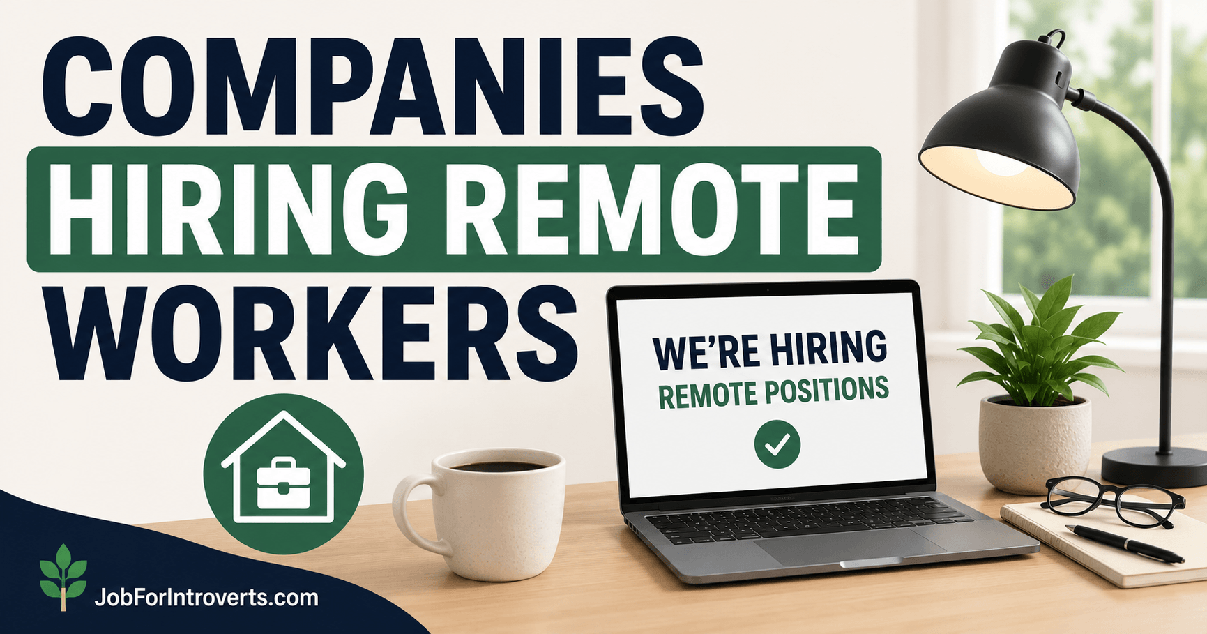 Featured illustration of a laptop displaying remote job openings in a modern home office, representing companies hiring remote workers and legitimate work-from-home opportunities.