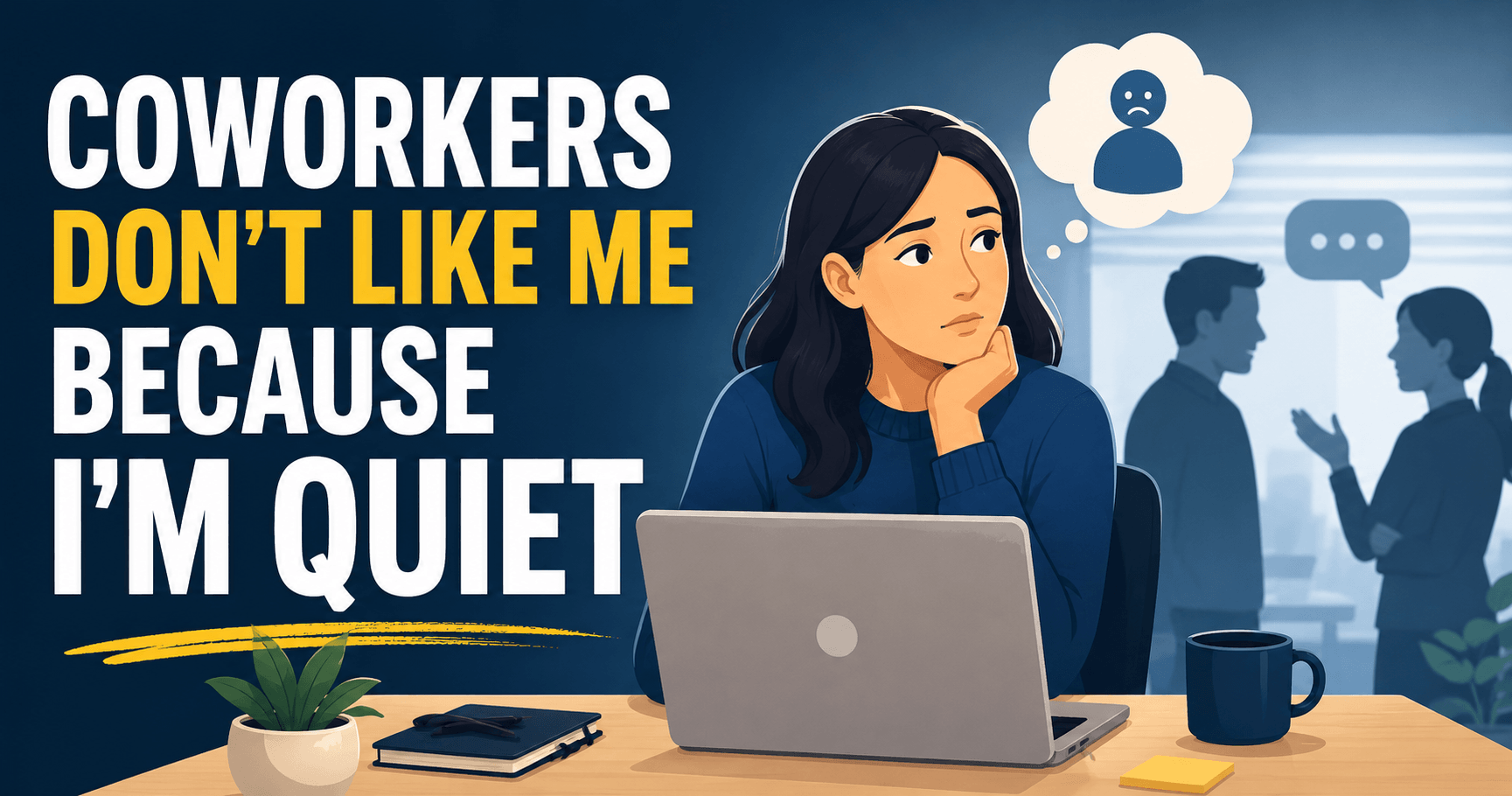 Featured illustration of a quiet employee sitting alone at a desk while coworkers talk in the background, representing the common fear that being quiet at work means others dislike you.