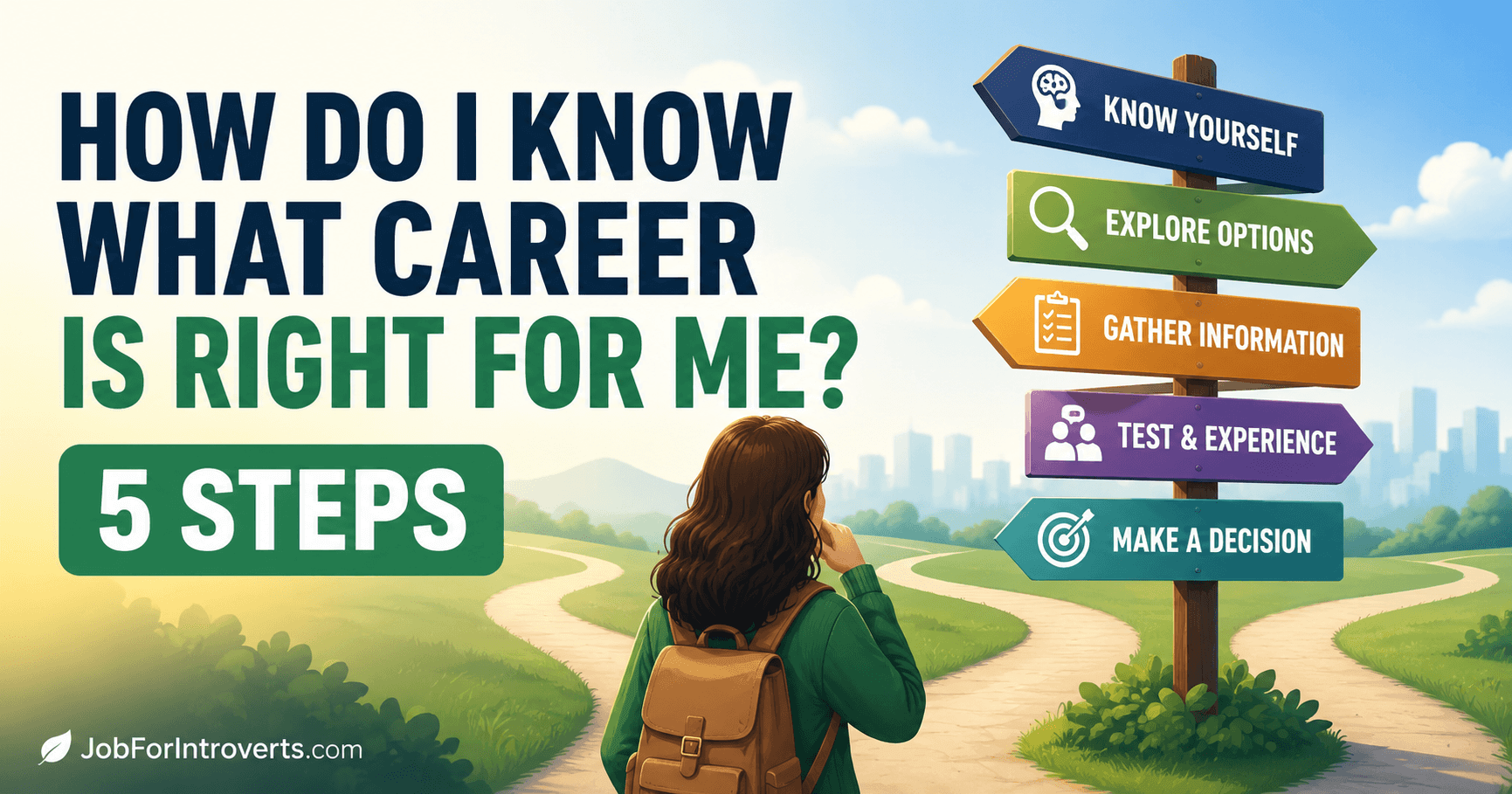 Illustration of a person standing at a career crossroads looking at directional signs that represent the five steps to choosing the right career, including self-discovery, exploring options, researching careers, gaining experience, and making a decision.