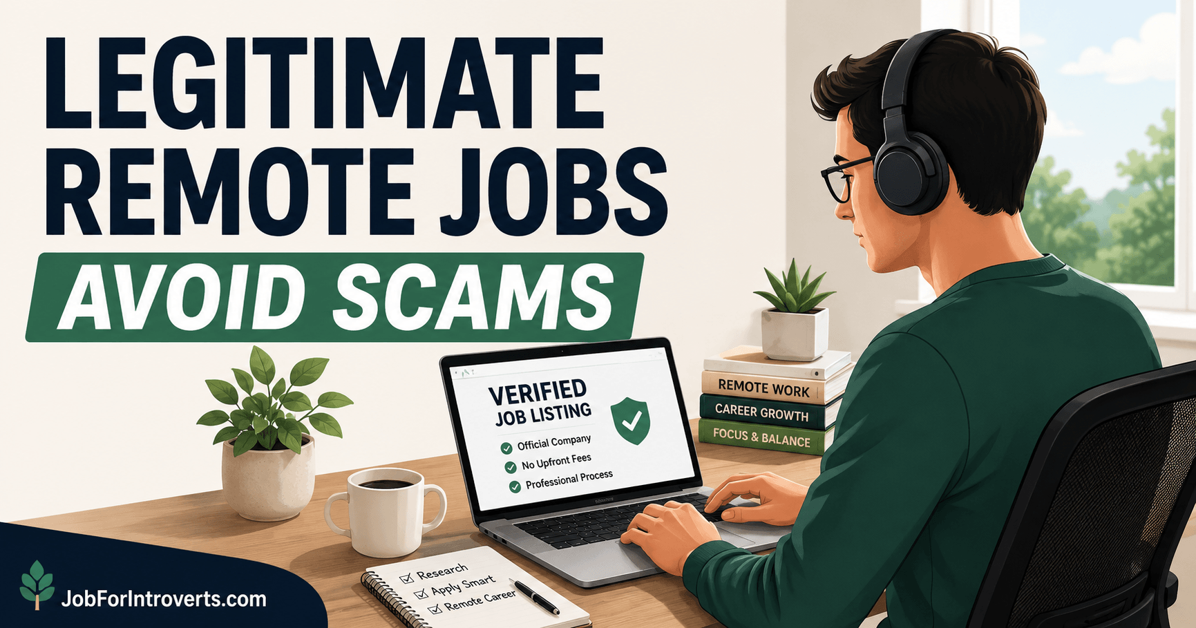 Featured illustration of a professional working from a home office while reviewing a verified remote job listing, representing legitimate telecommute jobs and avoiding work-from-home scams.
