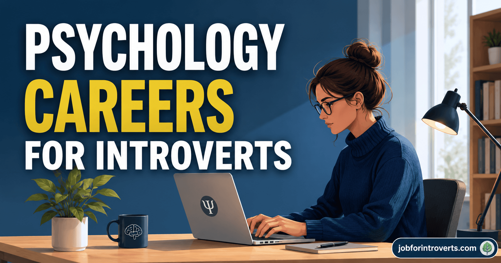 Illustration of an introverted psychologist working independently at a desk with the headline "Psychology Careers for Introverts," representing psychology career paths suited for introverts.