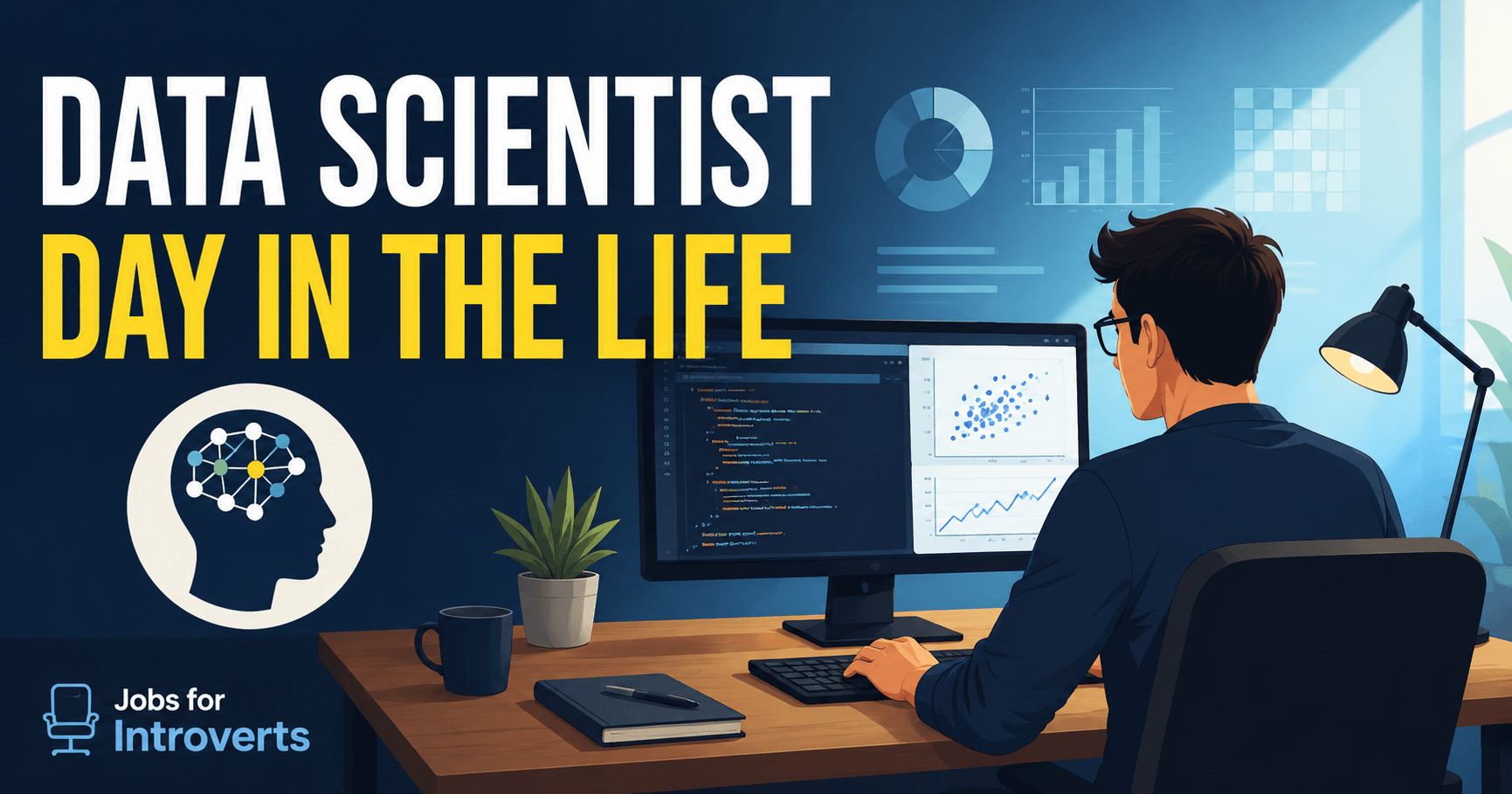 Data scientist working at a computer with code and data visualizations during a typical workday.