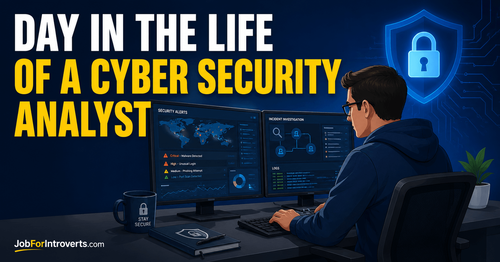 Illustration of a cyber security analyst monitoring security alerts and investigating threats at a computer workstation, representing what a typical day in the life of a cyber security analyst looks like.