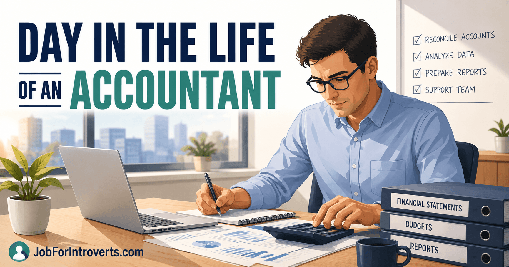 Illustration of an accountant working at a desk with financial reports, calculator, and laptop representing a typical day in the life of an accountant.