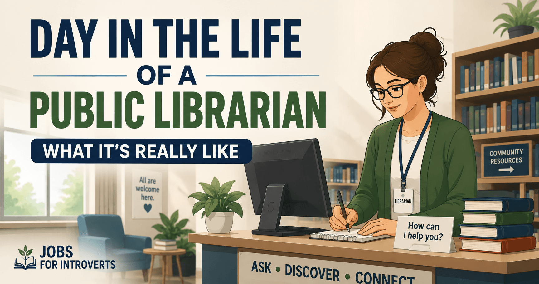 Public librarian working at a library reference desk during a typical day.