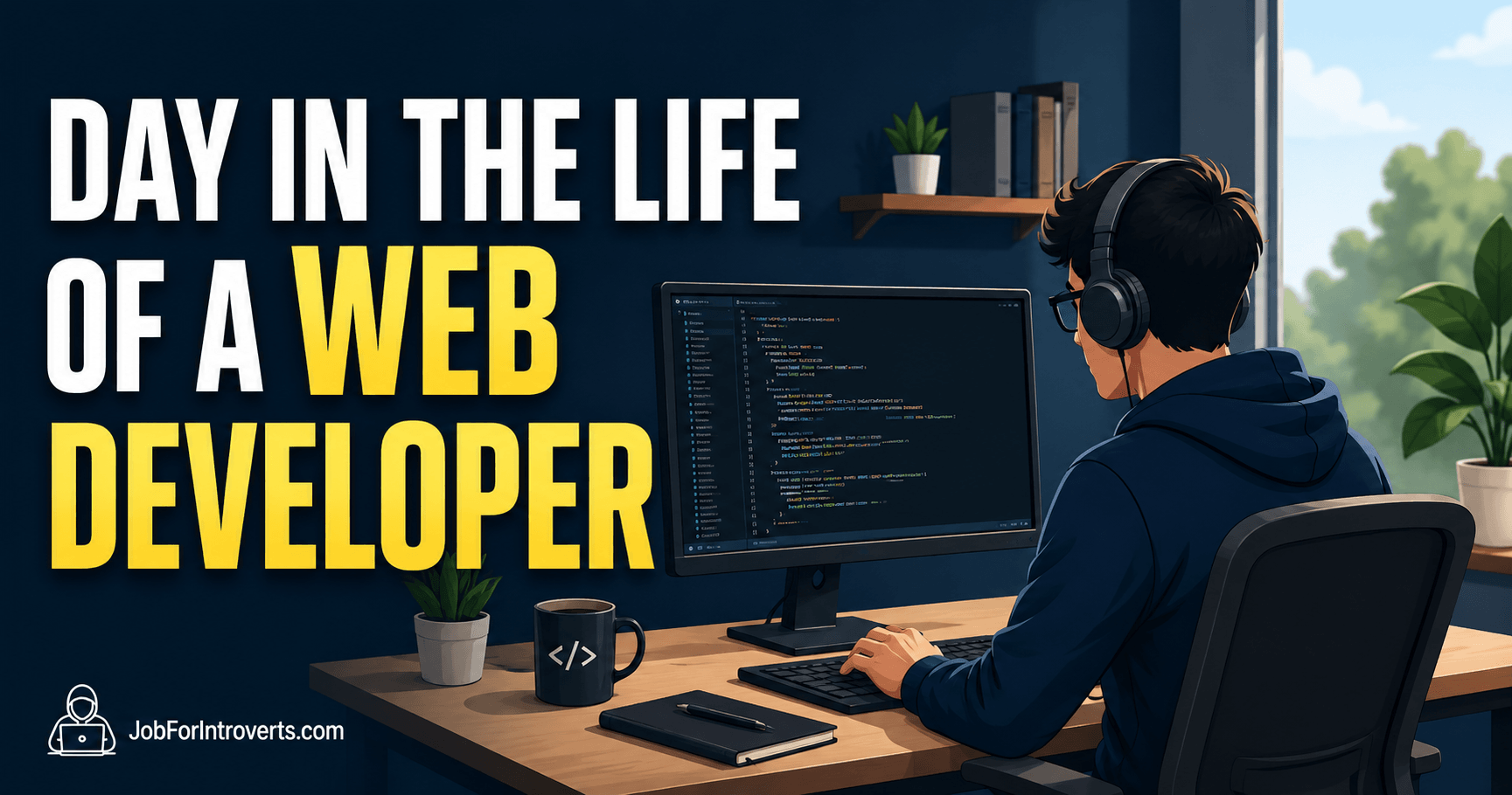 Day in the life of a web developer working at a computer with code on screen.