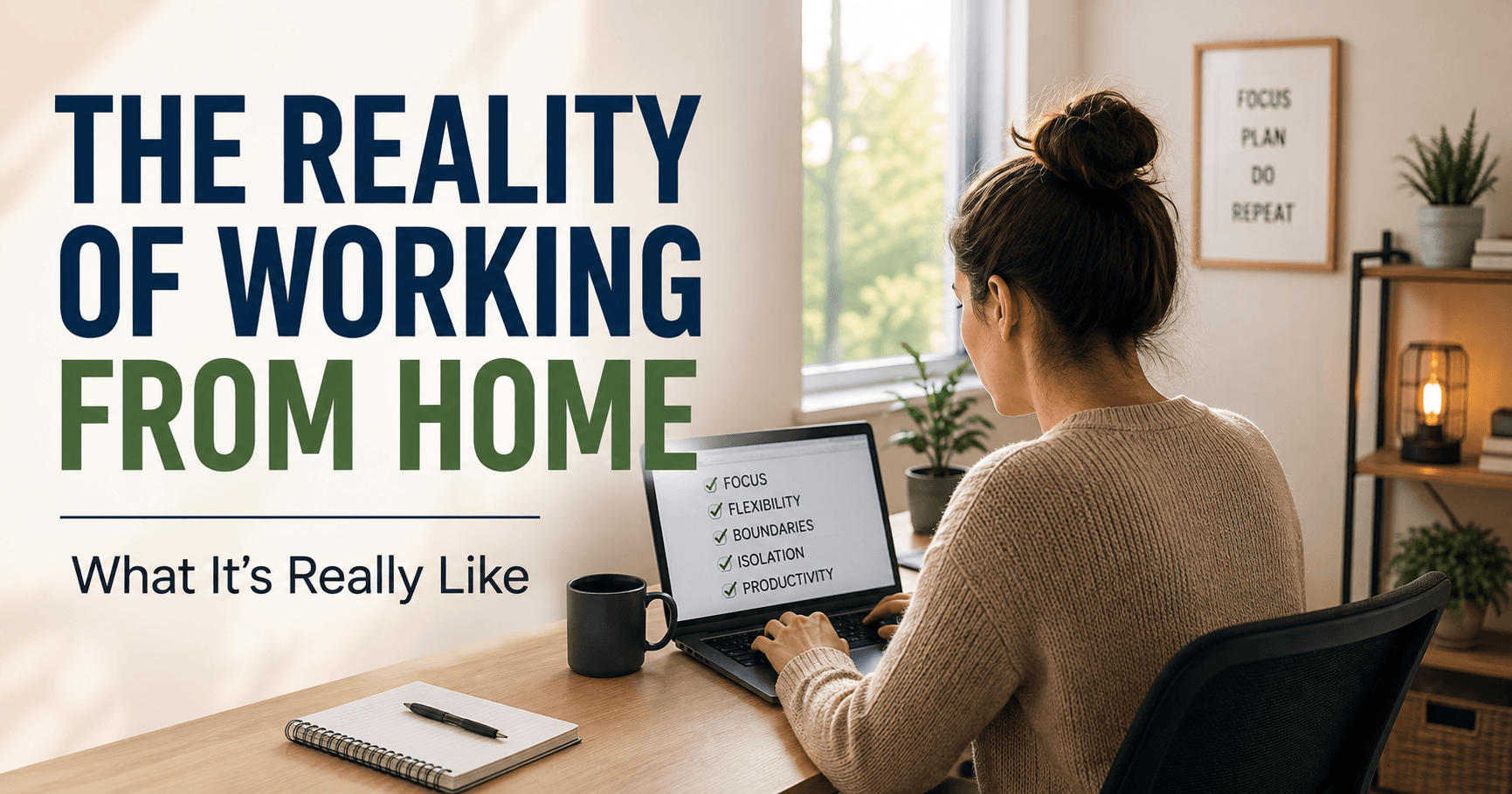 Person working from a calm home office with the headline "The Reality of Working From Home," illustrating the real day-to-day experience, flexibility, and tradeoffs of remote work.