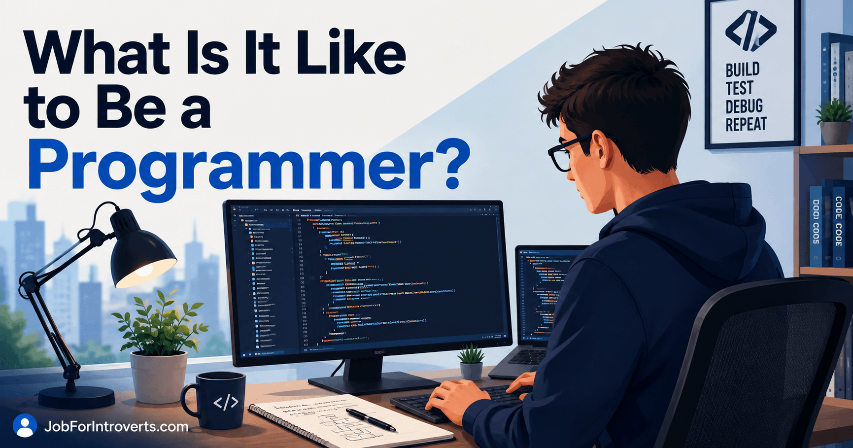 Illustration of a programmer working at a computer in a modern workspace, representing what it's like to be a programmer and the day-to-day reality of coding, problem-solving, and focused work.