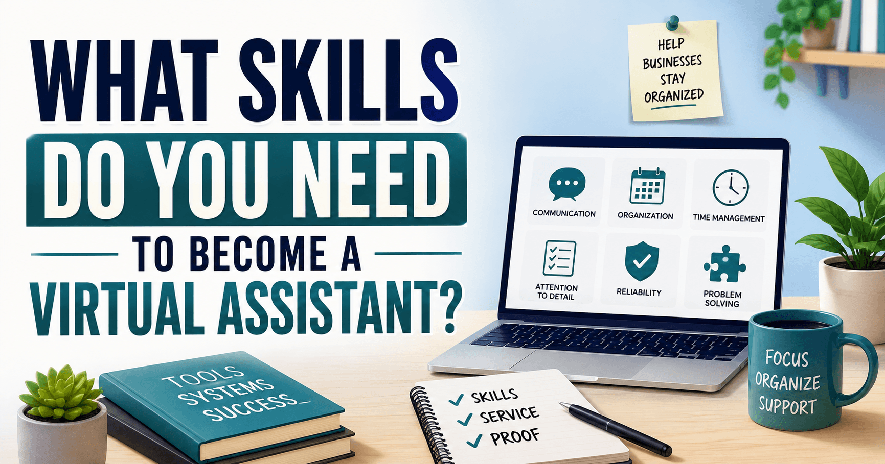 virtual assistant workspace showing the essential skills needed to become a virtual assistant, including communication, organization, time management, attention to detail, reliability, and problem-solving.